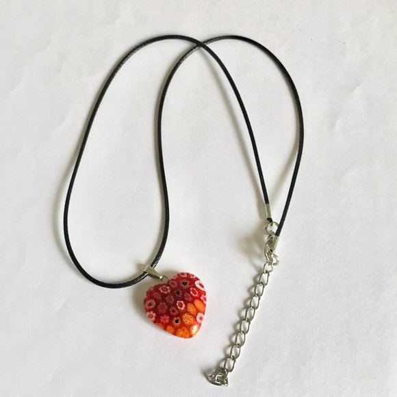 Orange Murano Glass Heart Necklace Millefiori Flowers Vintage Black Cord 18" - Picture 4 of 12